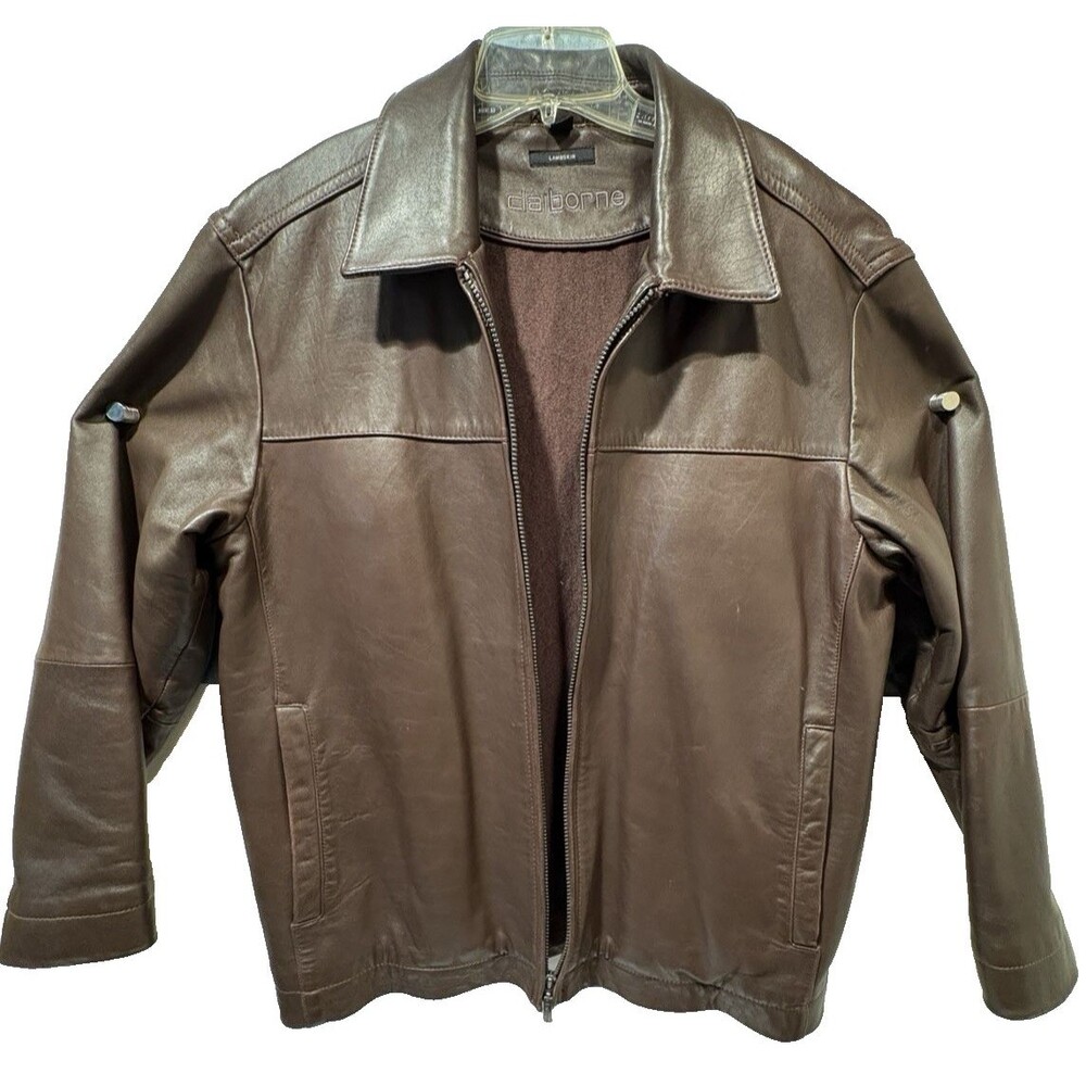 Claiborne Mens L Brown Genuine Lambskin Leather Jacket Full Zip Lined RN 94468